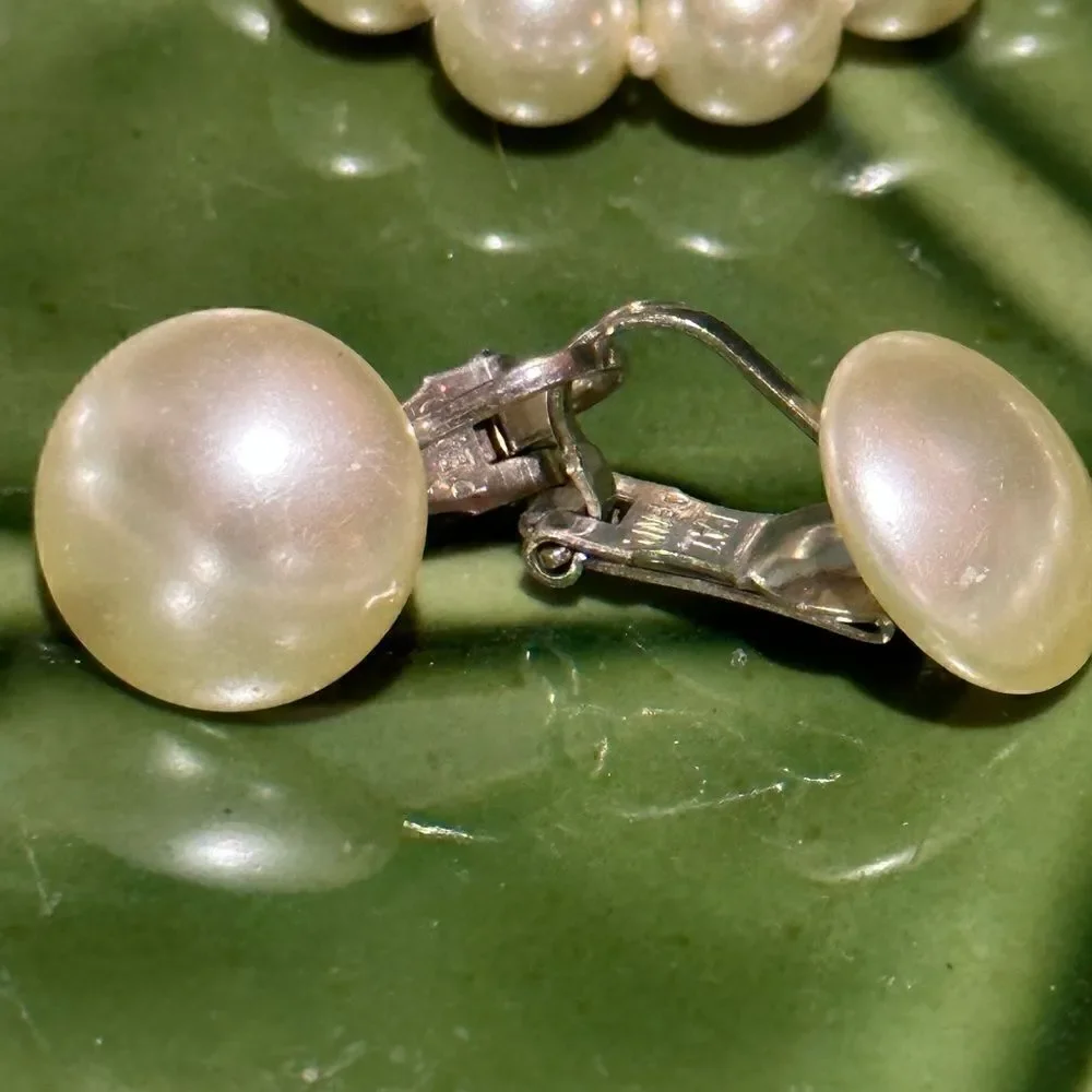 Vintage Set of Glass Pearls for 18” with Matching Vintage Clip on Earrings